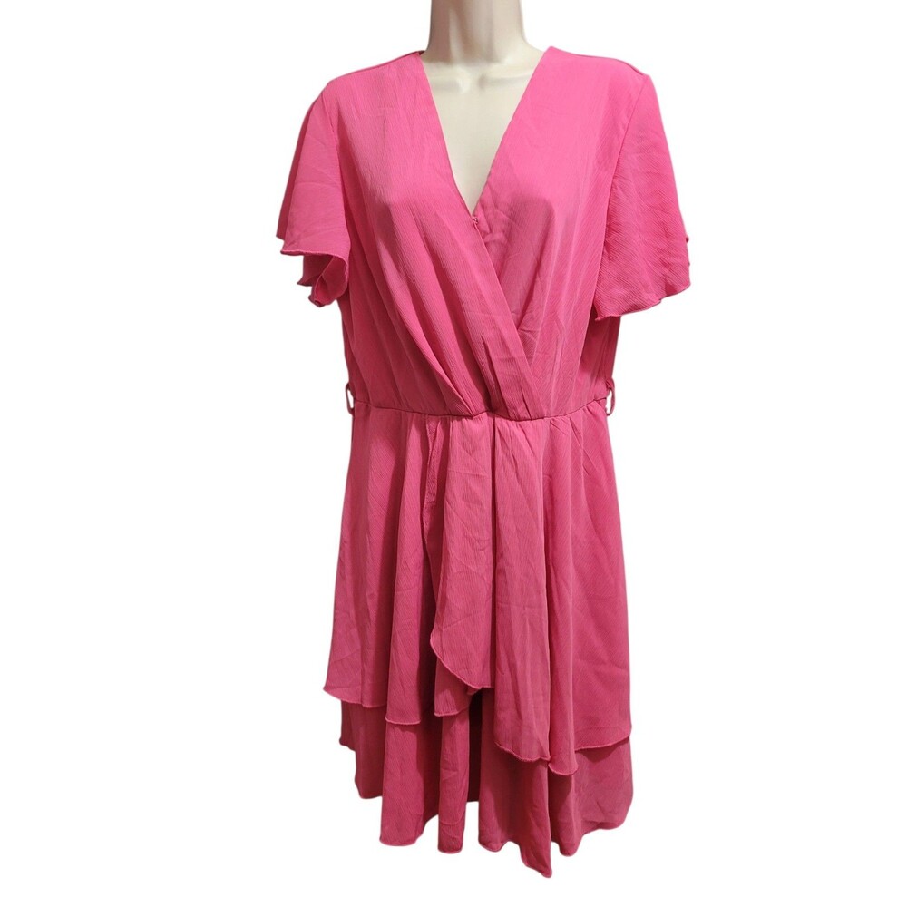Women's Pink V-Neck Ruffle Tiered Layered Dress Large w/ Beltloops New With Tags